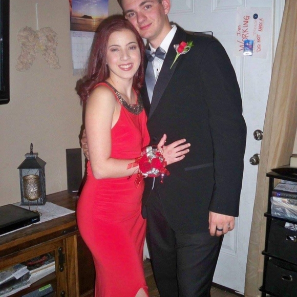 Stunning red prom formal with beaded collar. - Picture 7 of 7